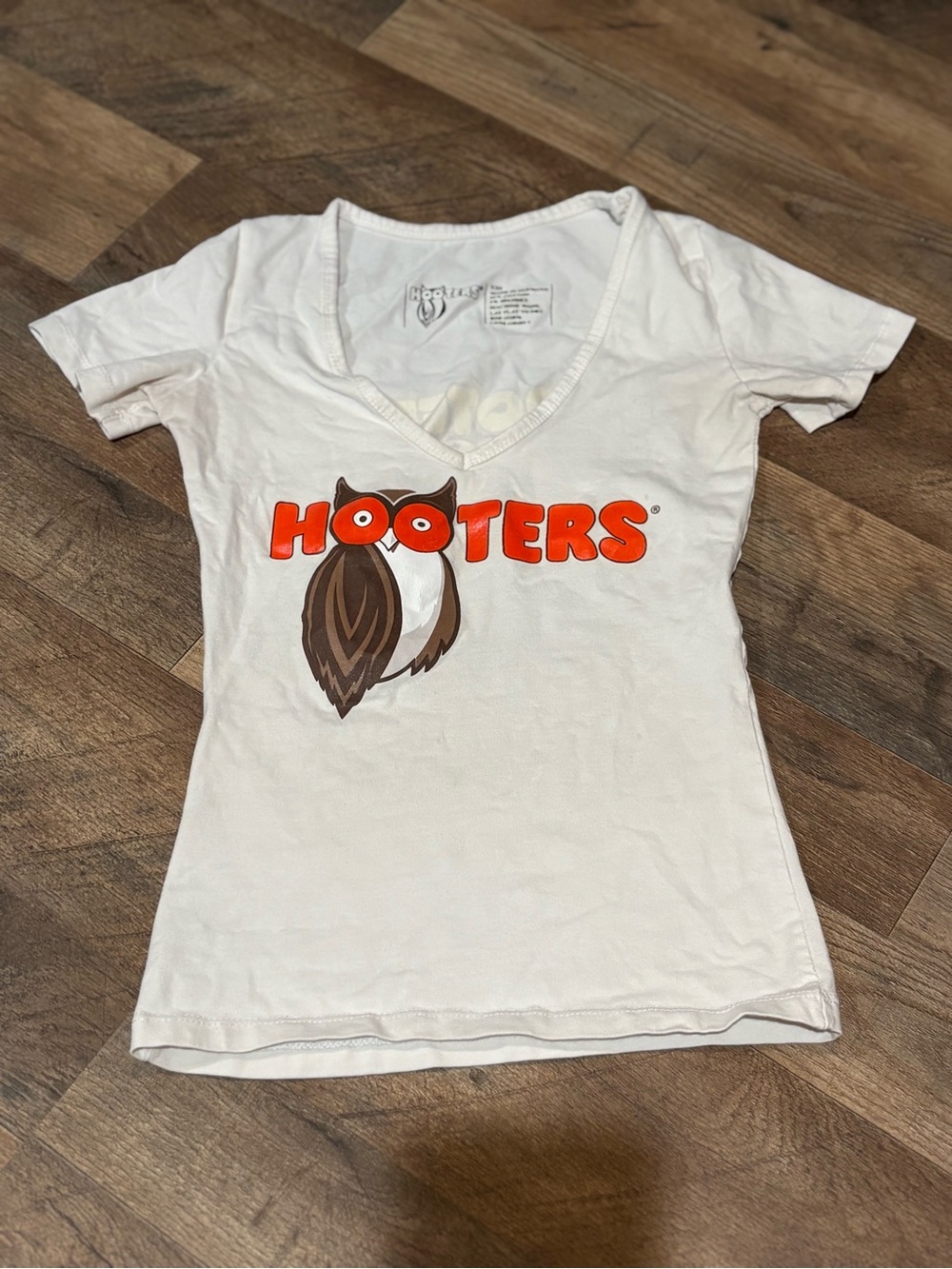 Hooters White Short Sleeve V-Neck Tee with Orange Logo and Brown Owl